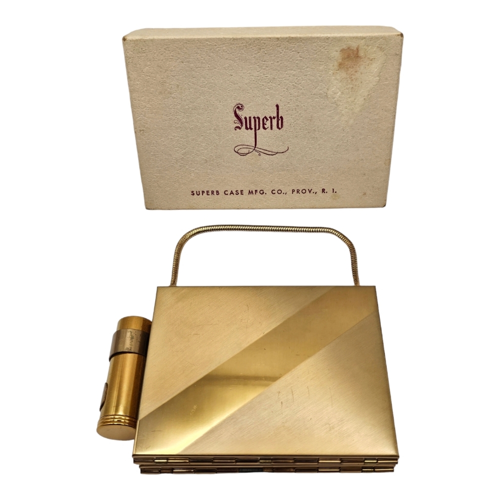 Vintage 1940s Compact Lipstick Cigarette Case Brass Purse Chain Strap Puff w/Box